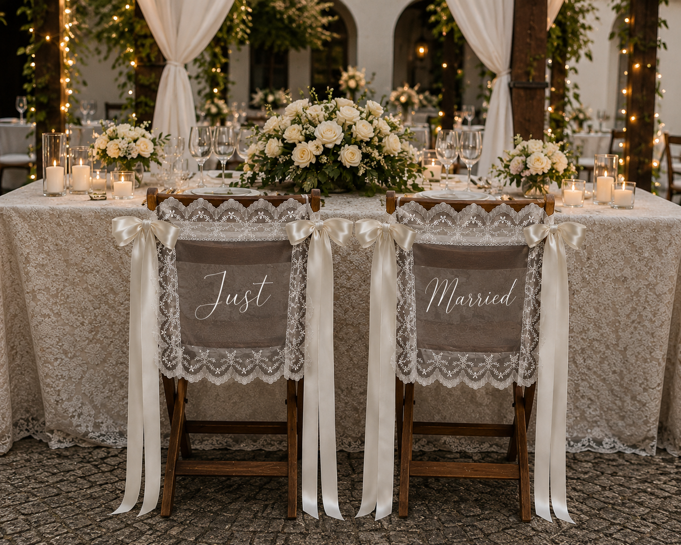 Kişiye Özel Dantelli Tül Gelin Damat Sandalye Süsü (2'li Set)