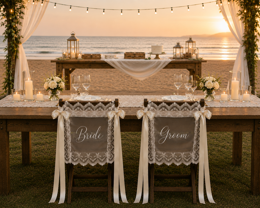 Kişiye Özel Dantelli Tül Gelin Damat Sandalye Süsü (2'li Set)