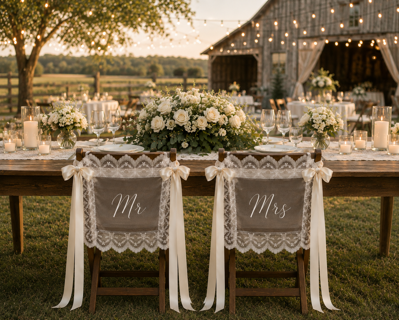 Kişiye Özel Dantelli Tül Gelin Damat Sandalye Süsü (2'li Set)